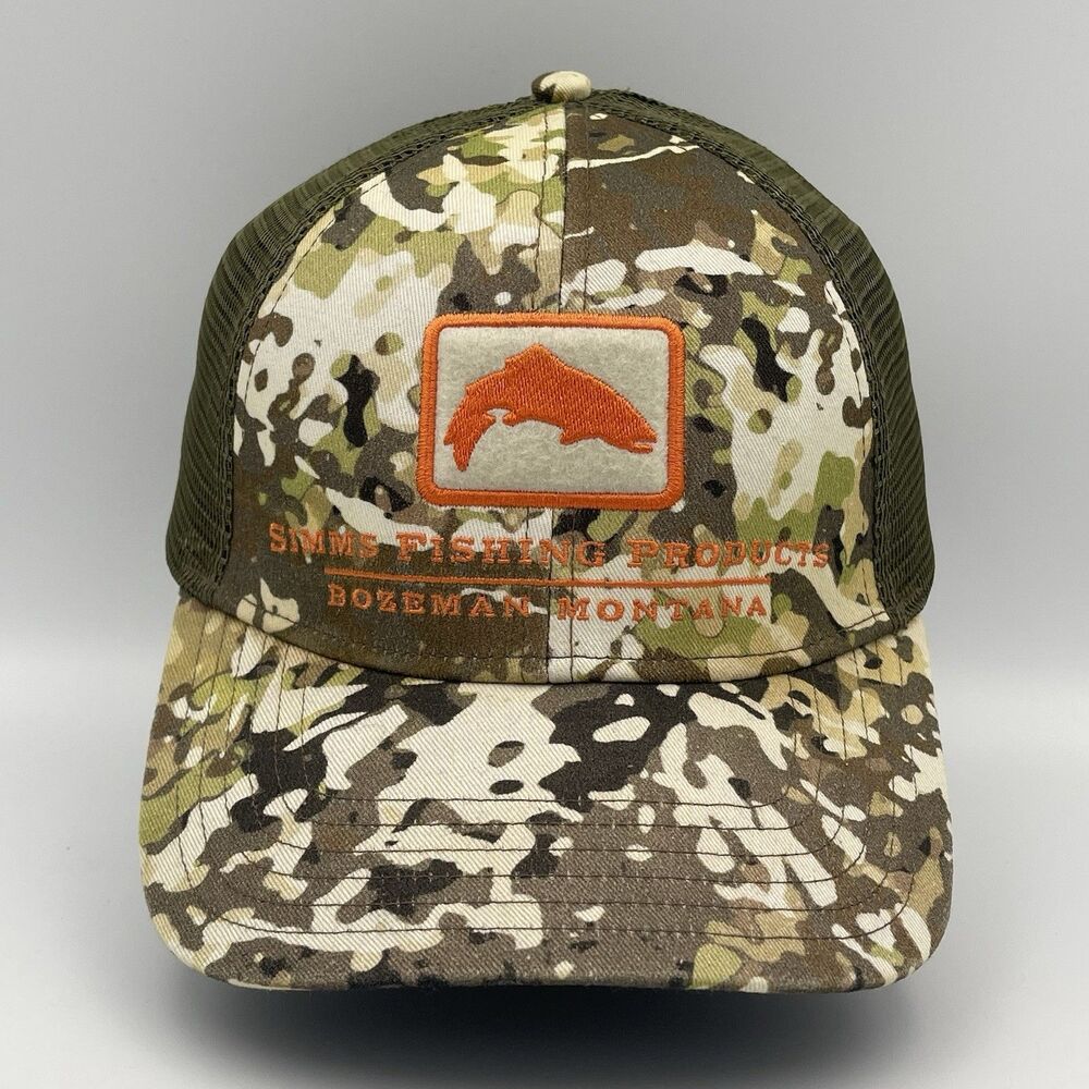 SIMMS Fishing Products Hat Camo Bass Salmon Logo Snapback Trucker Cap NOS